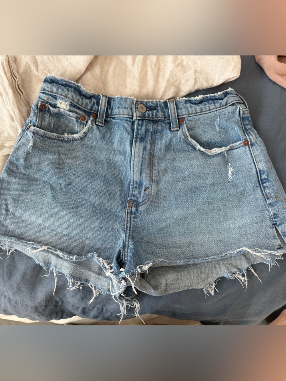 A&F High Rise Mom Short- Light Blue Distressed Denim Shorts  28|6